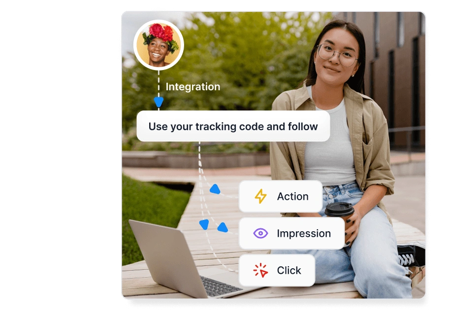 Image de stock d'une femme au téléphone, à côté d'une simple illustration montrant le fonctionnement de Post Affiliate Pro, accompagnée de plusieurs badges de récompense.