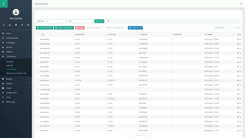 Graphique montrant l’aperçu des commissions dans Post Affiliate Pro.