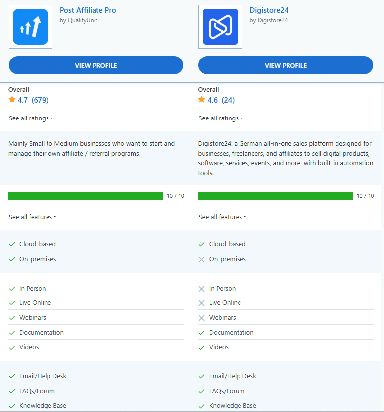 Comparaison des fonctionnalités entre Post Affiliate Pro et Digistore24.