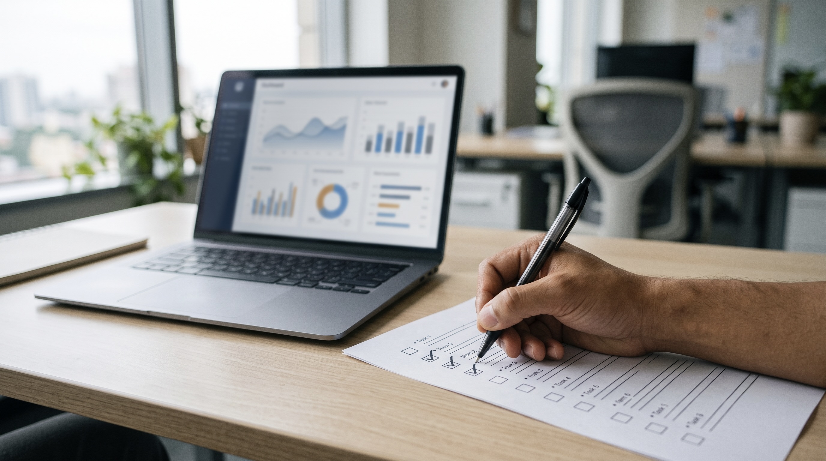 Examen d'une liste de vérification de renouvellement de programme d'affiliation avec un tableau de bord de performance