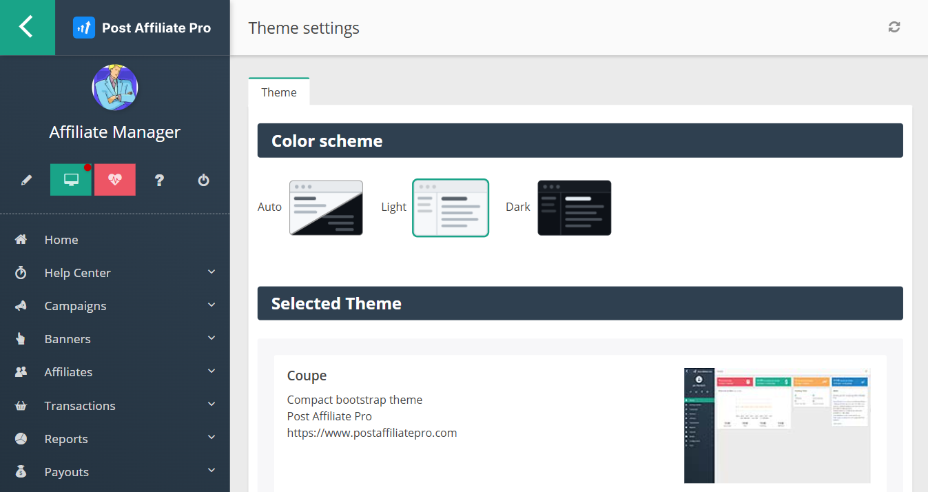 Post Affiliate Pro showing theme settings, where the color scheme can be switched.