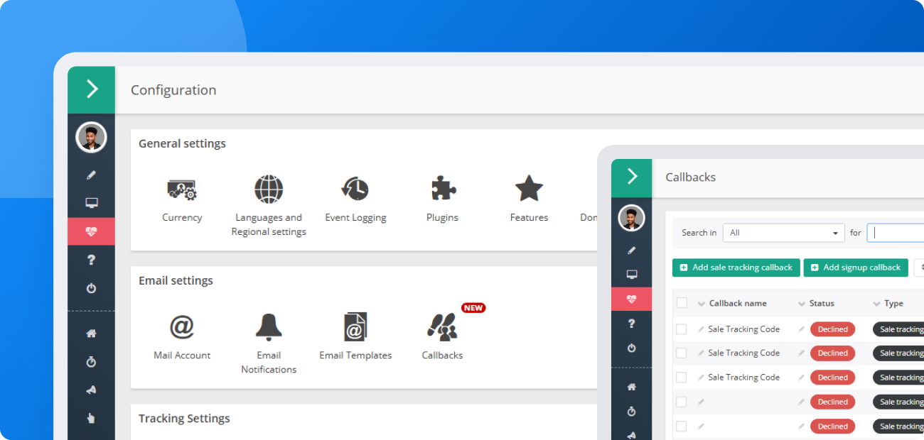 Écran de configuration dans le panneau marchand Post Affiliate Pro, où vous trouverez une nouvelle interface pour ajouter des URL de callback