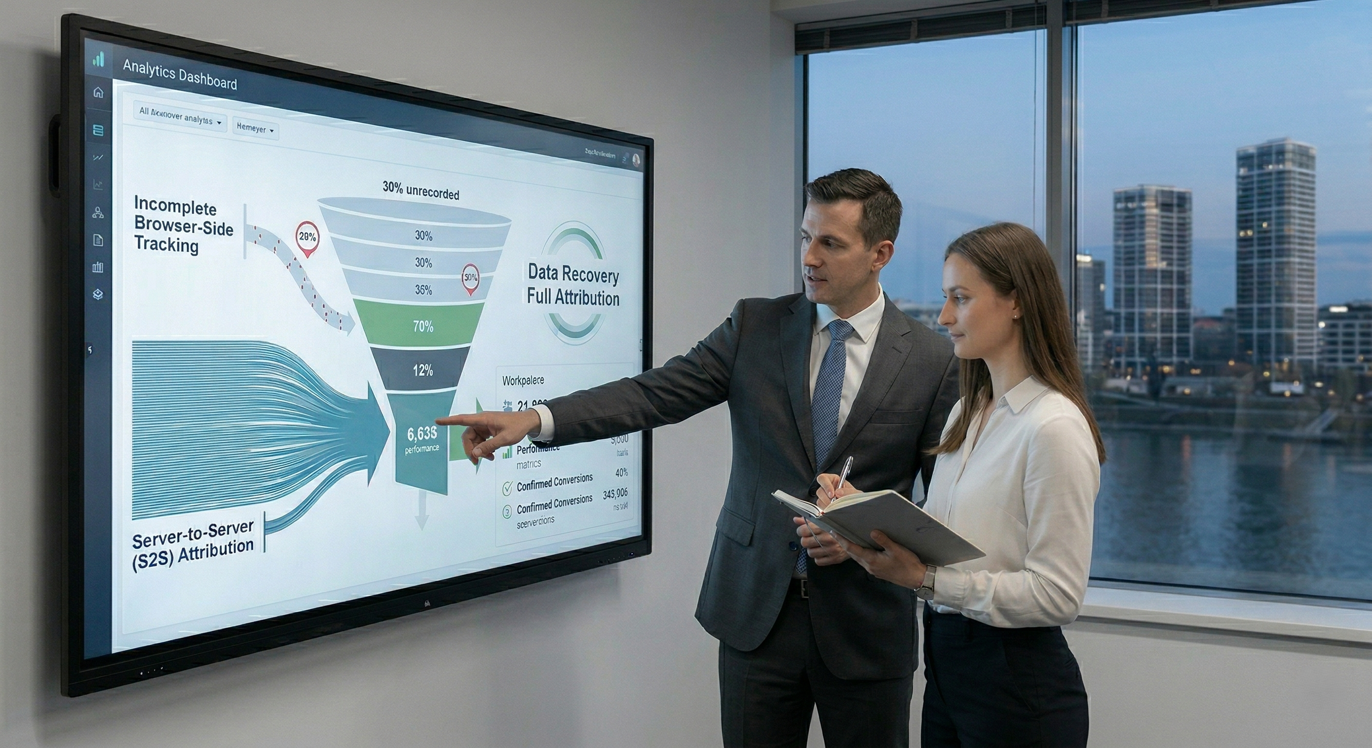 Team presenting server-to-server tracking architecture diagram