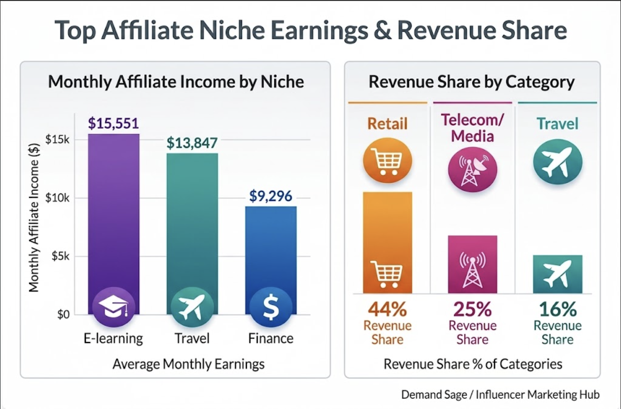 Graphique comparatif des niches de marketing d'affiliation les plus performantes montrant les revenus et les taux de commission