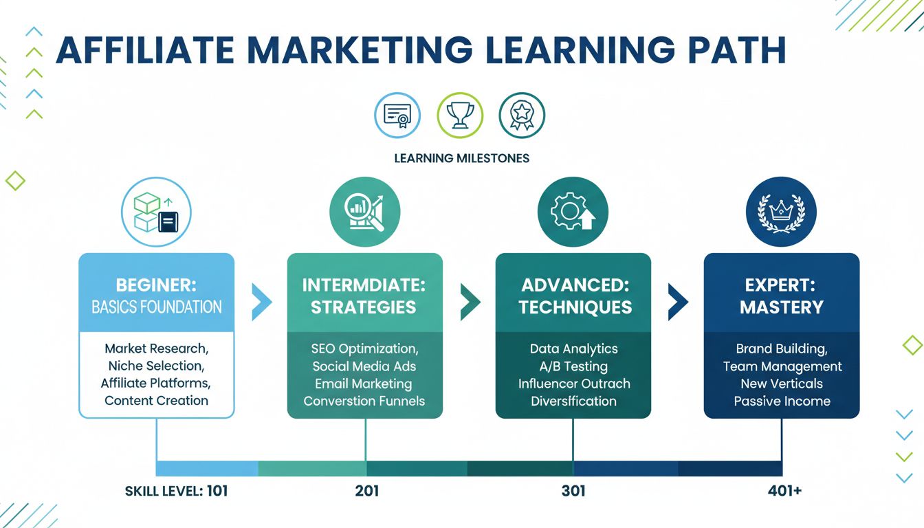 Progression de l’apprentissage en affiliation, du débutant à l’expert, avec les bases, stratégies intermédiaires, techniques avancées et maîtrise experte
