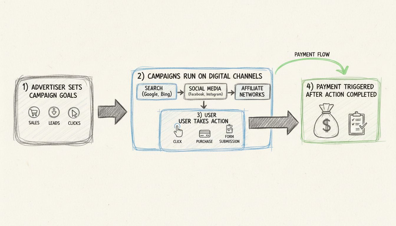 Schéma du workflow du marketing à la performance montrant les objectifs de campagne, les canaux digitaux, les actions des utilisateurs et les déclencheurs de paiement
