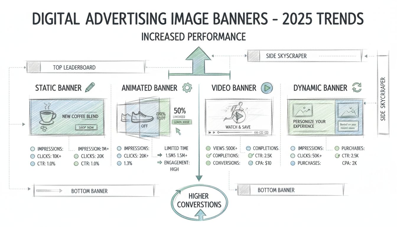Infographic showing different types of image banners including static, animated, video, and dynamic banners with placement examples on websites