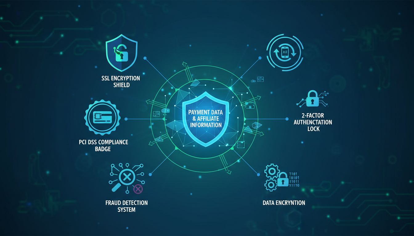 Couches de sécurité d’un plugin d’affiliation incluant le chiffrement SSL, la conformité PCI DSS, l’authentification 2FA, la détection de fraude et le chiffrement des données
