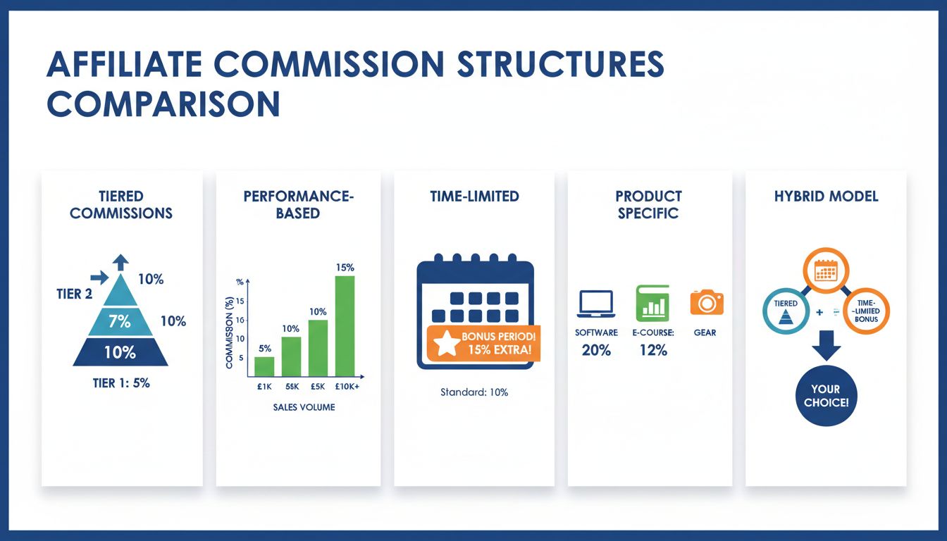 Comparaison des structures de commission d’affiliation montrant les modèles progressifs, basés sur la performance, à durée limitée, spécifiques par produit et hybrides avec pourcentages et représentations visuelles