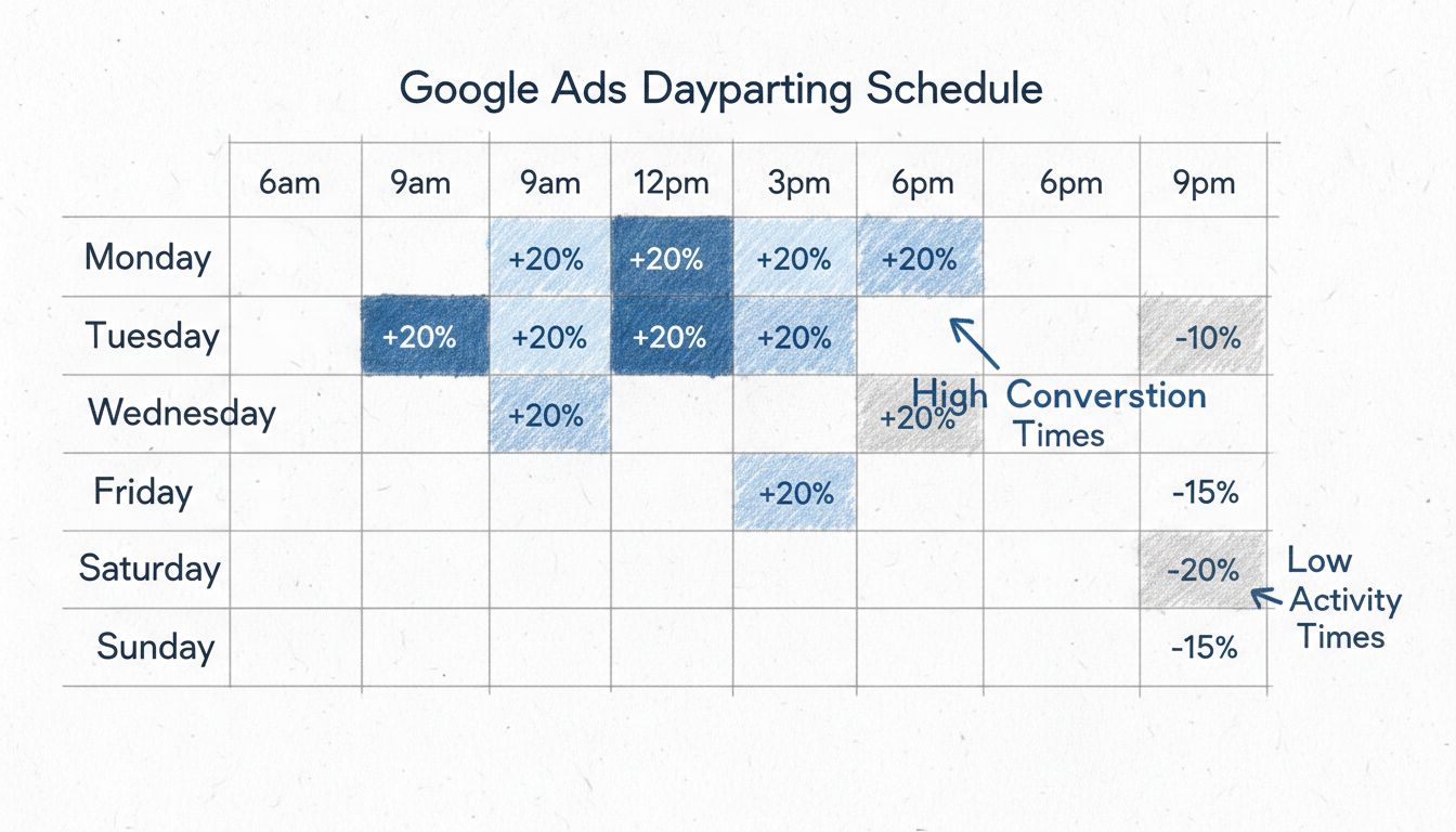 Diagramme de planification du dayparting Google Ads montrant un calendrier hebdomadaire avec créneaux horaires et ajustements d'enchères
