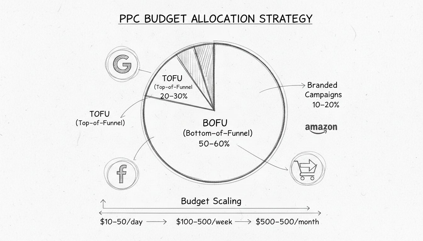 Stratégie d’allocation du budget PPC illustrée par un graphique circulaire : TOFU 20-30 %, BOFU 50-60 %, campagnes de marque 10-20 % avec progression du budget