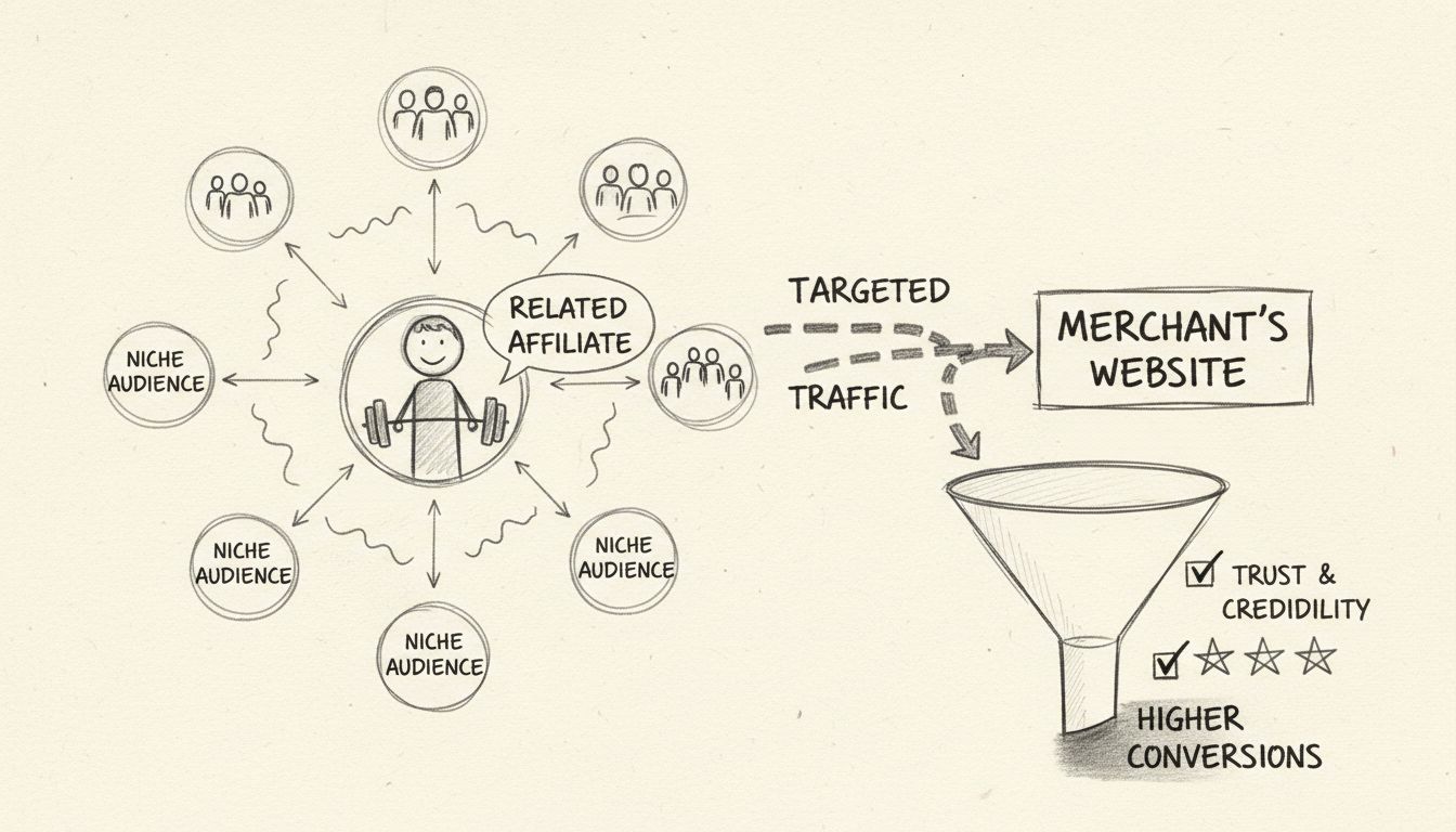 Schéma dessiné à la main montrant comment des affiliés apparentés génèrent du trafic ciblé via des audiences de niche vers les sites marchands avec des taux de conversion et des indicateurs de confiance plus élevés
