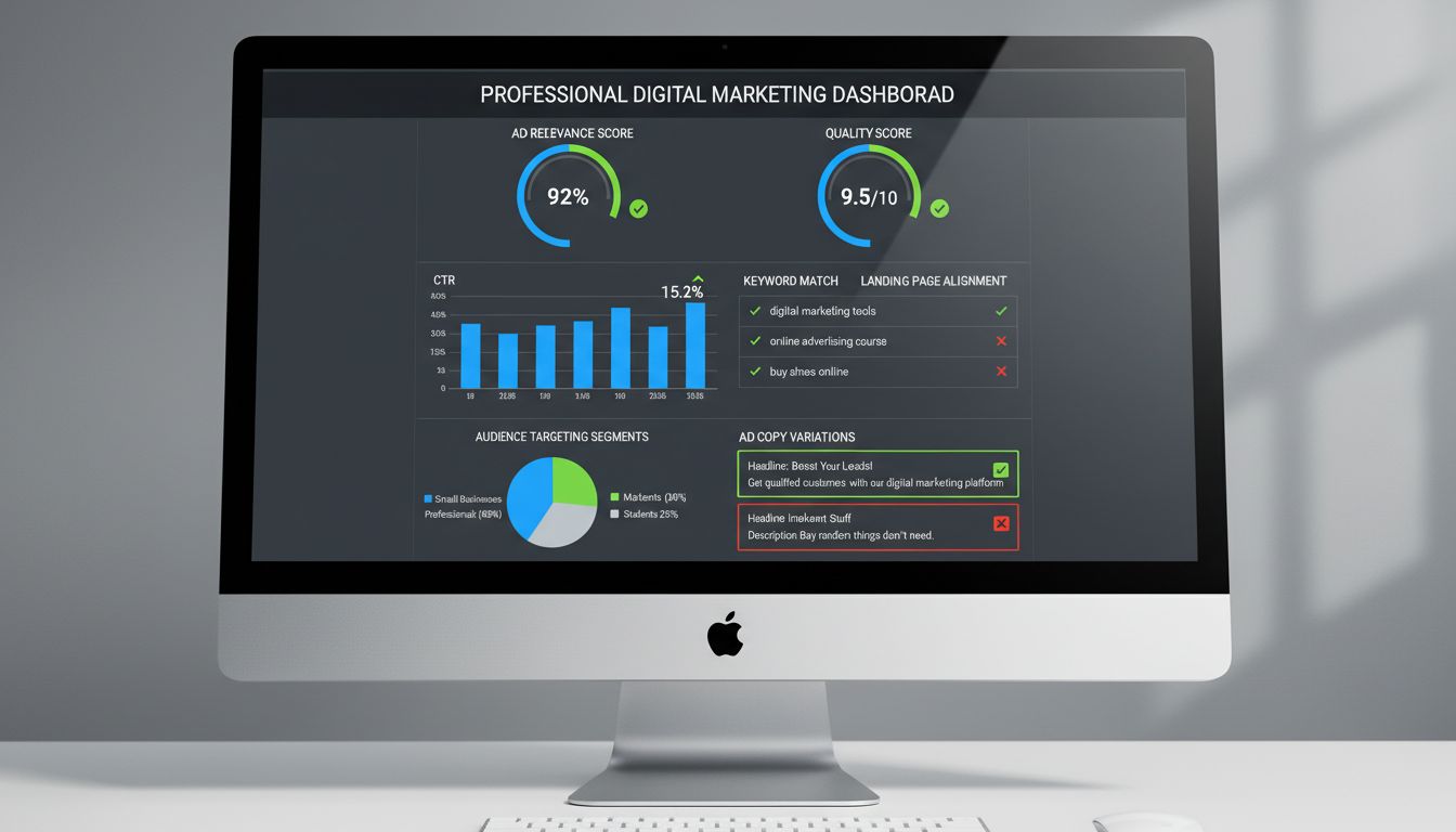 Tableau de bord des indicateurs de pertinence des annonces affichant les scores de qualité, le CTR et la performance des mots-clés