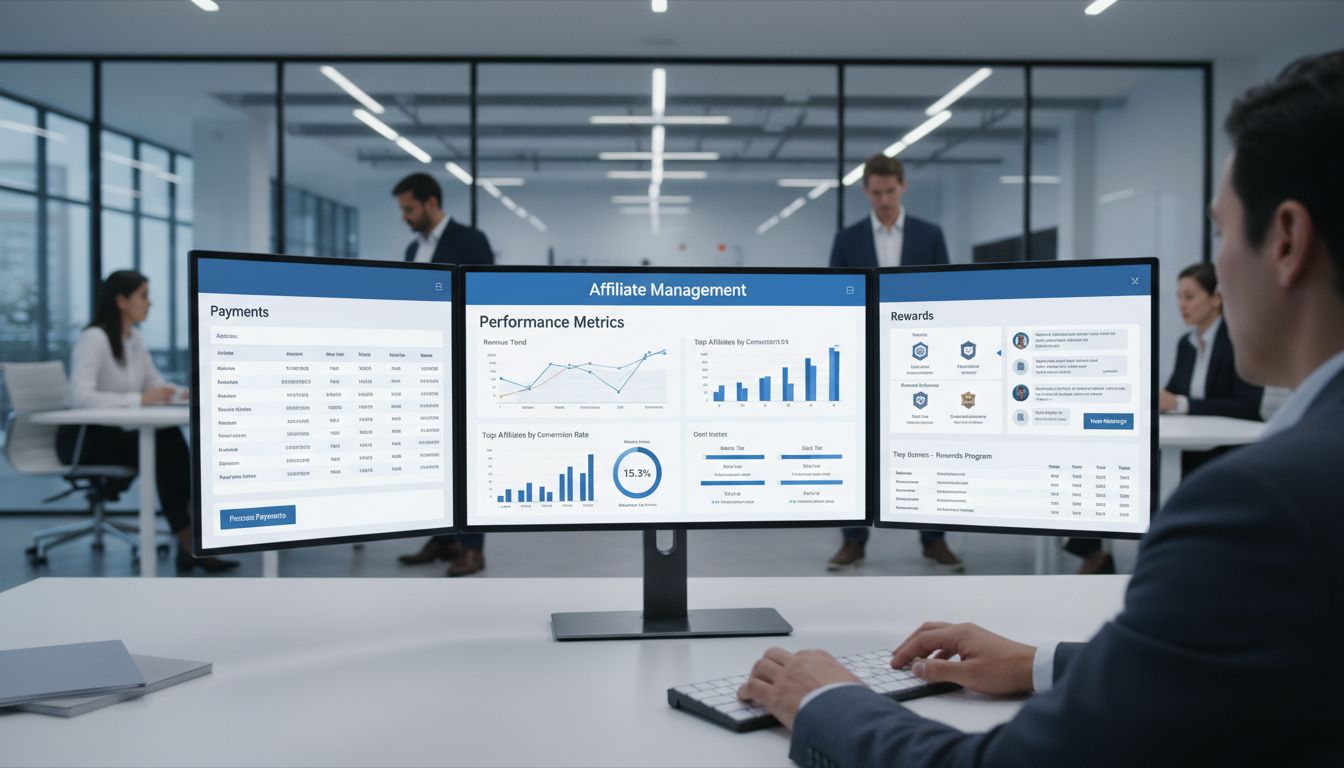 Tableau de bord professionnel d’un gestionnaire d’affiliation affichant des indicateurs de performance, paiements, outils de communication et systèmes de récompenses