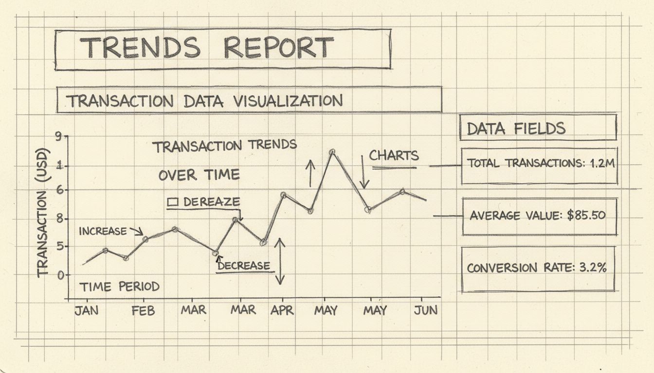 Tableau de bord du rapport de tendances montrant la visualisation des données de transaction avec des graphiques en lignes et des champs de données