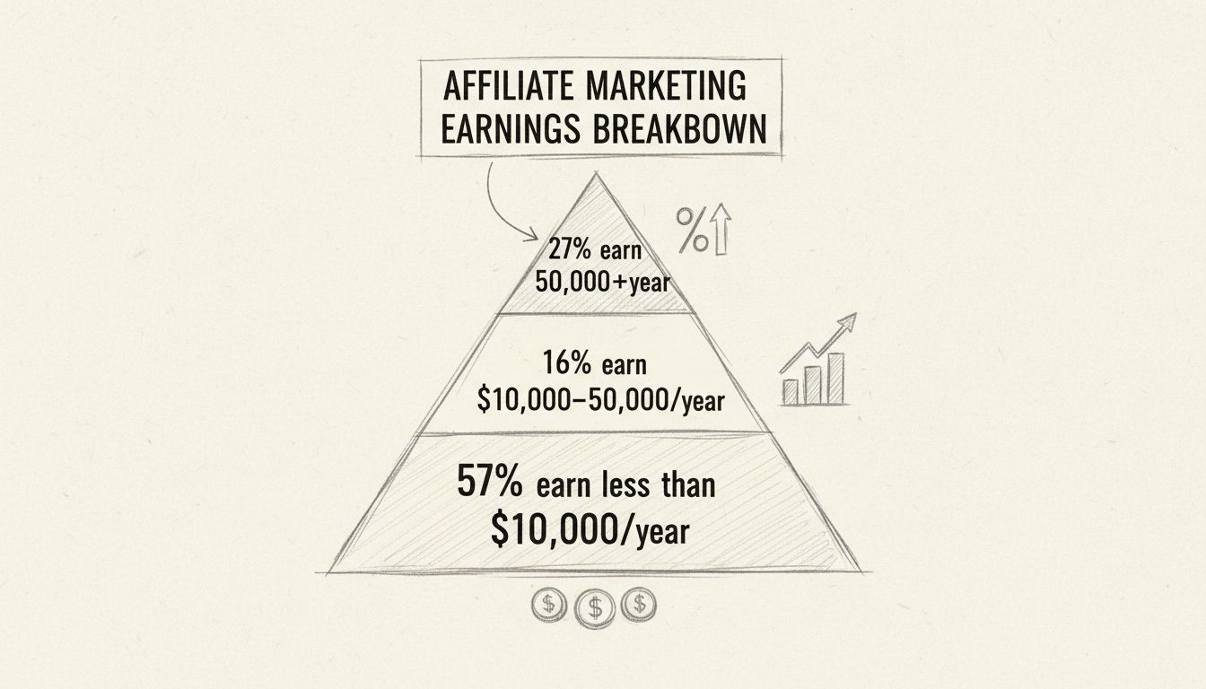 Pyramide des gains en marketing d'affiliation montrant la répartition des revenus : 57 % gagnent moins de 10 000 $/an, 16 % gagnent 10 000-50 000 $/an, 27 % gagnent plus de 50 000 $/an
