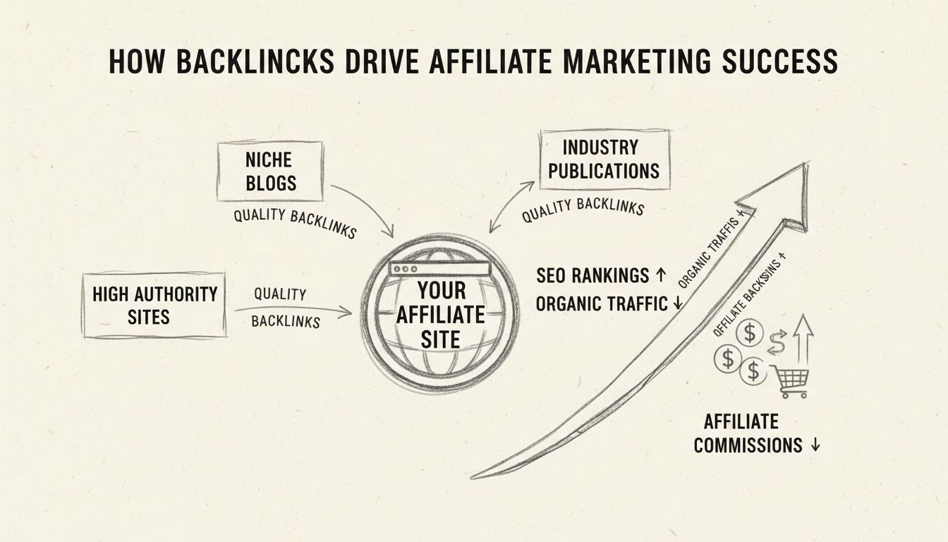Diagramme dessiné à la main montrant comment les backlinks favorisent la réussite du marketing d'affiliation avec des flèches partant de sites à forte autorité vers votre site affilié, entraînant une augmentation des classements SEO, du trafic organique et des commissions d'affiliation