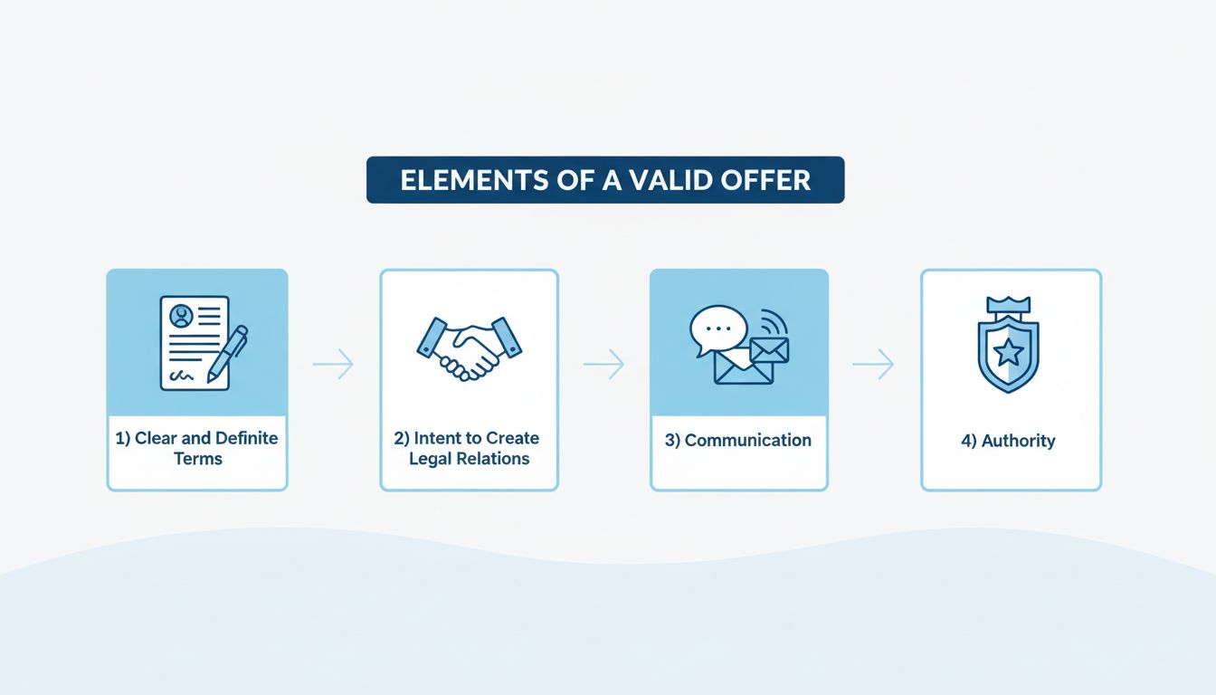 Éléments d'une offre valable en droit des contrats montrant termes clairs, intention, communication et autorité