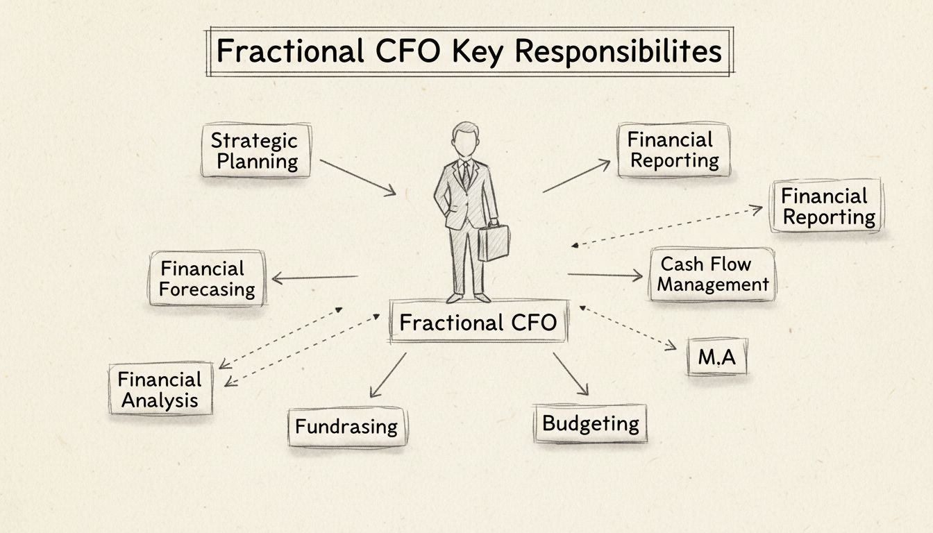 Schéma dessiné à la main montrant les principales responsabilités d’un CFO fractionné : planification stratégique, prévision financière, gestion de trésorerie, budget, analyse financière, levée de fonds, M&A et reporting financier