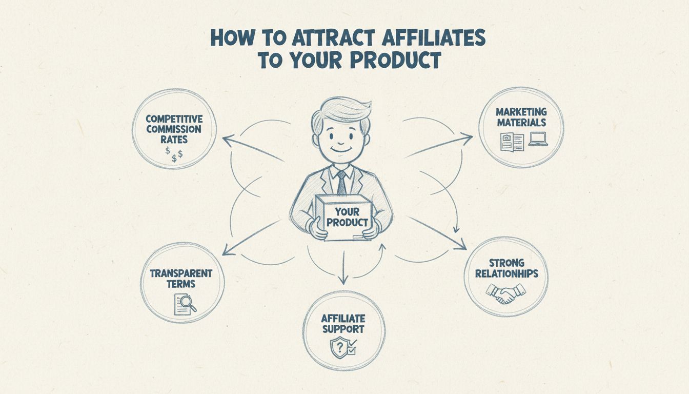 Schéma dessiné à la main montrant une stratégie de recrutement d’affiliés avec un chef d’entreprise relié à plusieurs partenaires affiliés, avec des étiquettes pour les taux de commission, les supports marketing, les conditions transparentes, les relations et le support