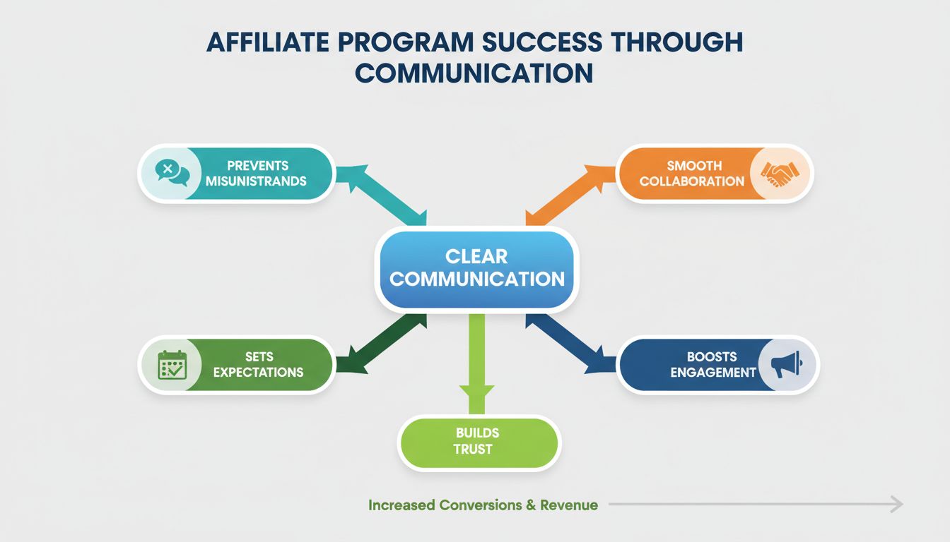 Communication diagram showing how clear communication connects to preventing misunderstandings, setting expectations, smooth collaboration, boosting engagement, and building trust