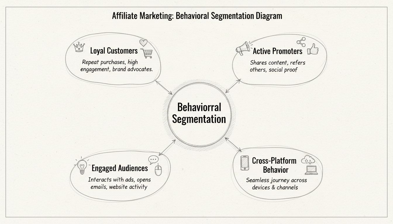 Diagramme dessiné à la main montrant les branches de la segmentation comportementale : Clients fidèles, Promoteurs actifs, Audiences engagées et Comportement multiplateforme