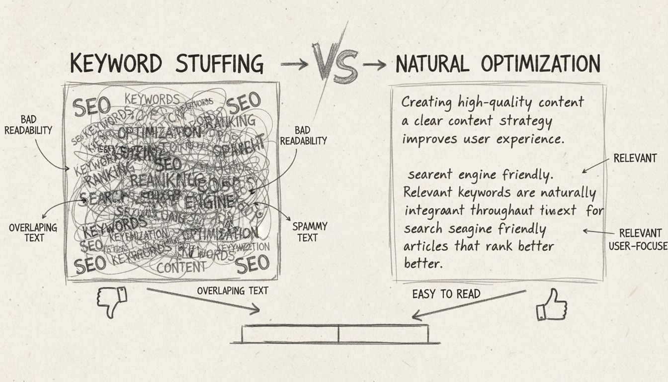Diagramme comparatif montrant le bourrage de mots-clés vs une optimisation naturelle avec des annotations stylisées à la main