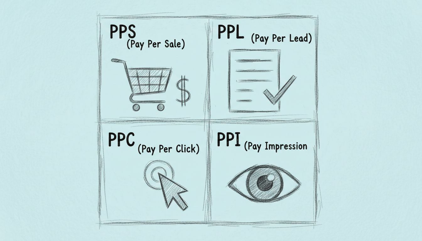 Diagramme comparatif des modèles de rémunération d’affiliation montrant PPS, PPL, PPC et PPI