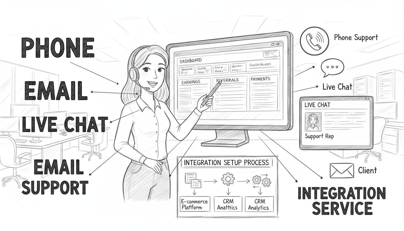Équipe de support client offrant une assistance à la configuration avec téléphone, email, chat en direct et canaux de service d'intégration illustrés