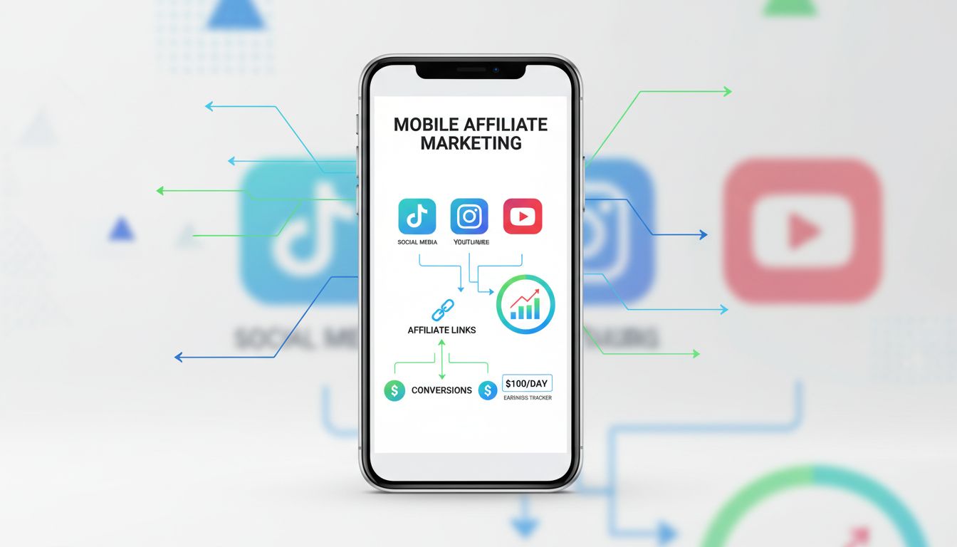 Flux de travail du marketing d'affiliation mobile affichant un tableau de bord smartphone avec intégration des réseaux sociaux et suivi des revenus