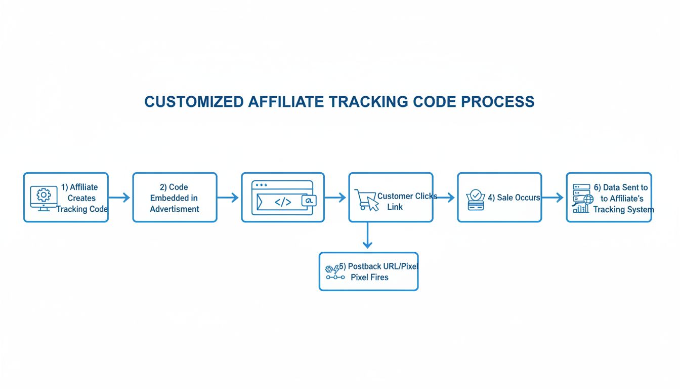 Schéma du flux des codes de suivi affilié personnalisés montrant comment les codes sont créés, intégrés dans les publicités, et se déclenchent lors de ventes