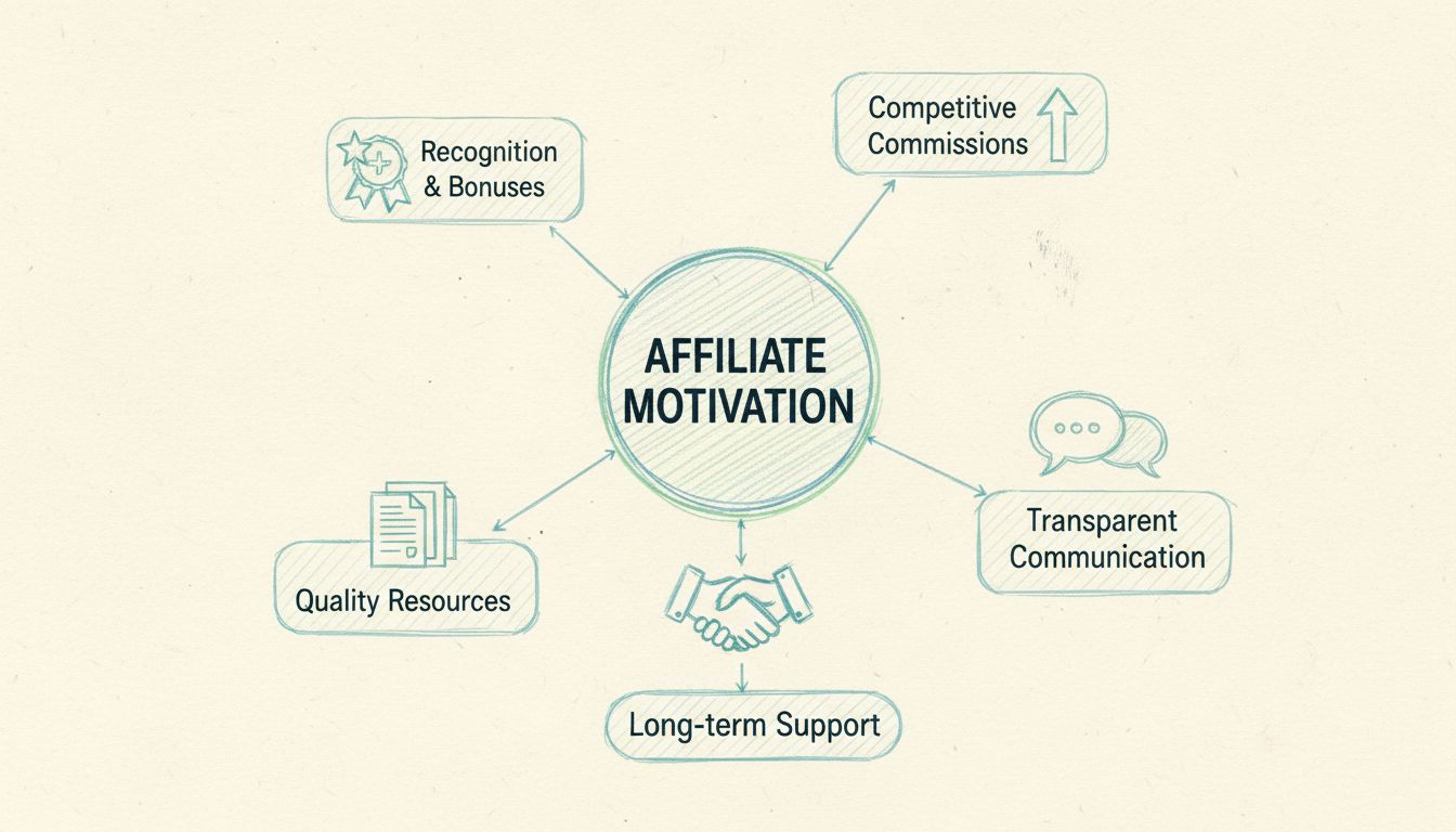 Structure de stratégie de motivation des affiliés montrant des commissions compétitives, une communication transparente, des ressources de qualité, la reconnaissance et les bonus, et un soutien à long terme