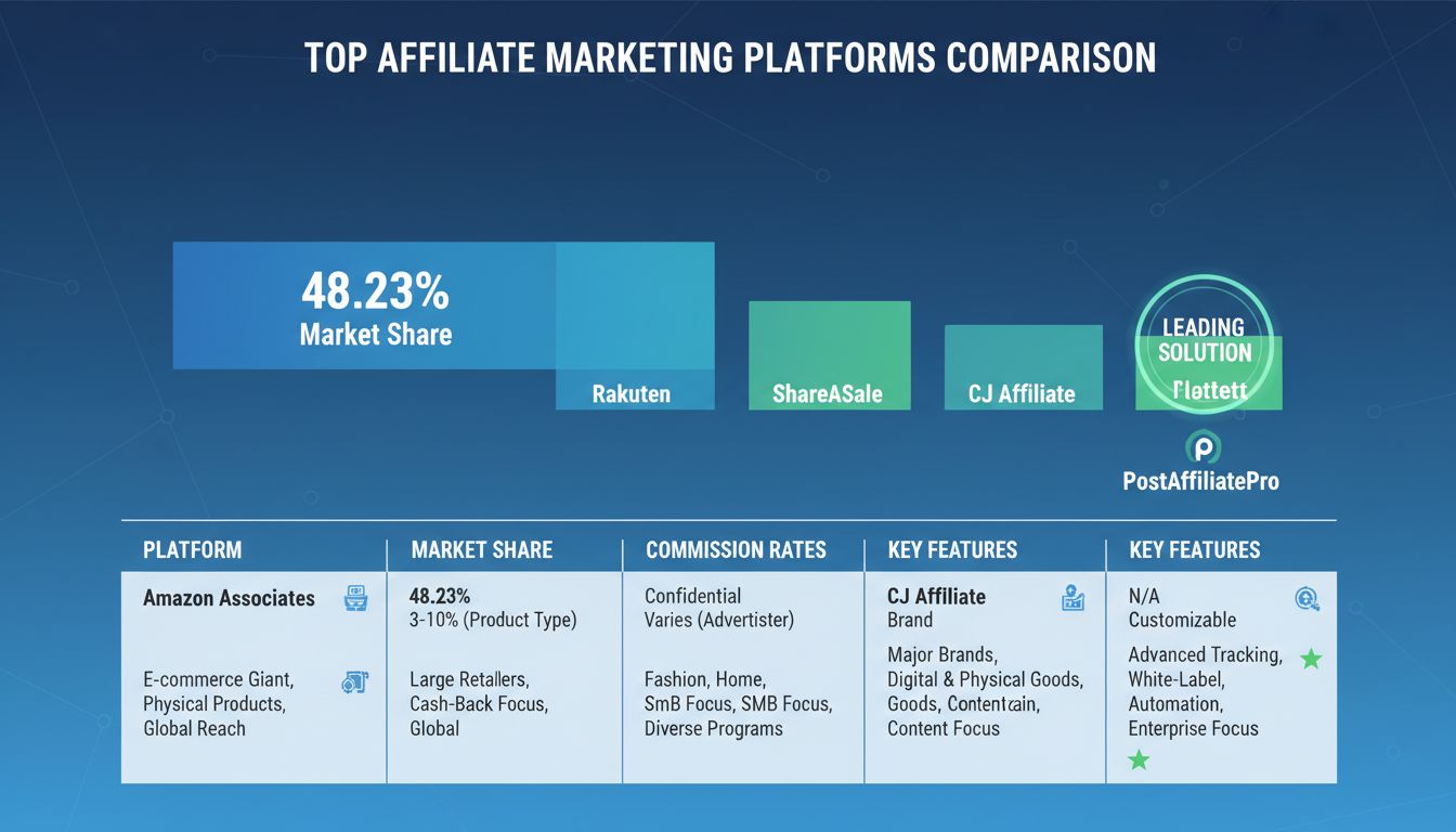 Comparaison des principales plateformes de marketing d'affiliation montrant la part de marché et les fonctionnalités
