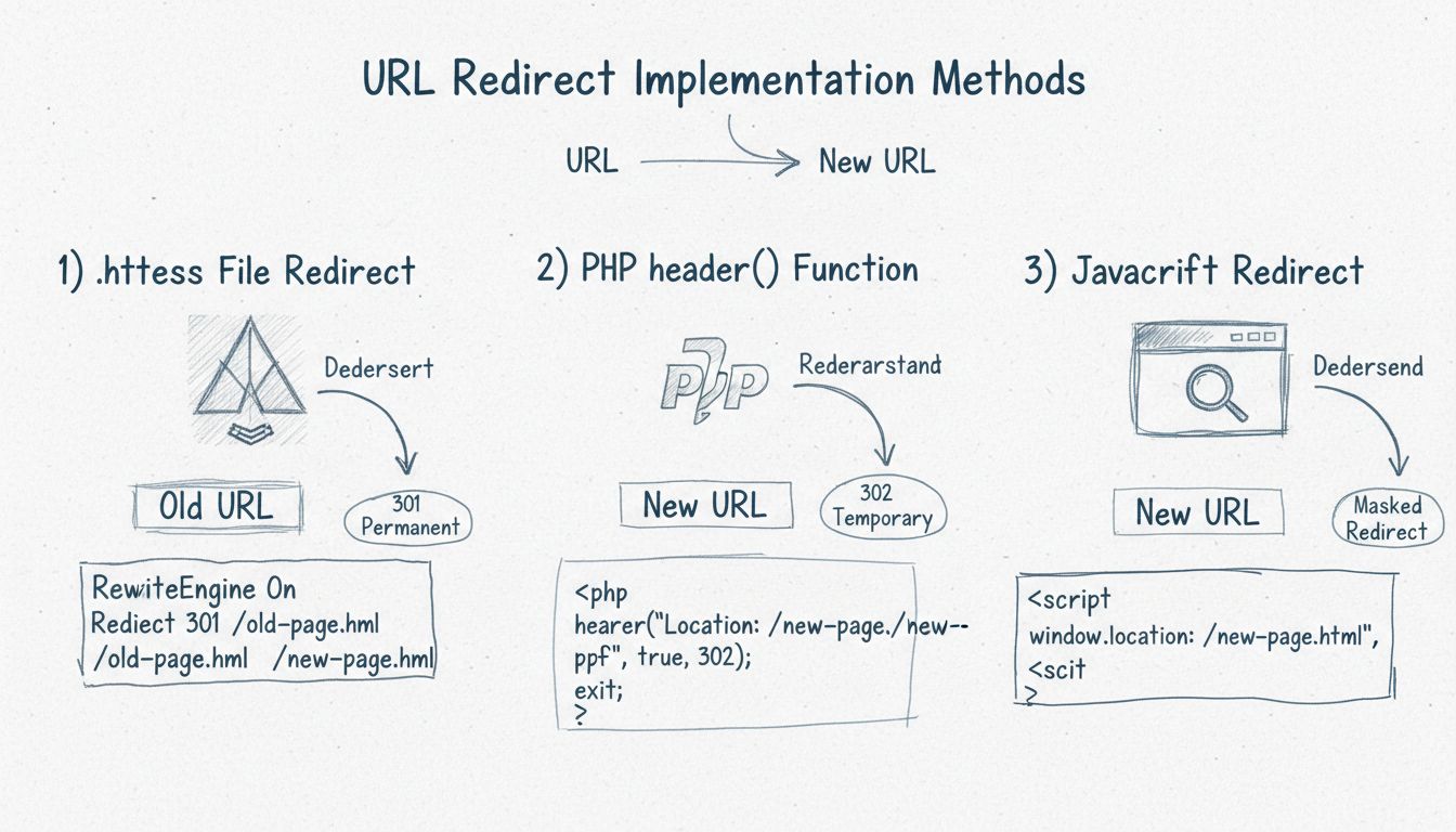Diagramme des méthodes de mise en œuvre des redirections d’URL montrant .htaccess, la fonction PHP header et les techniques de redirection JavaScript avec les types de redirection 301 permanente et 302 temporaire