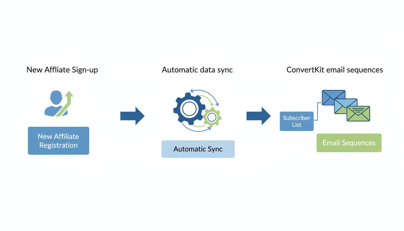 Flux de travail de l'intégration ConvertKit montrant l'inscription automatique des affiliés, la synchronisation des données et l'automatisation des séquences d'emails