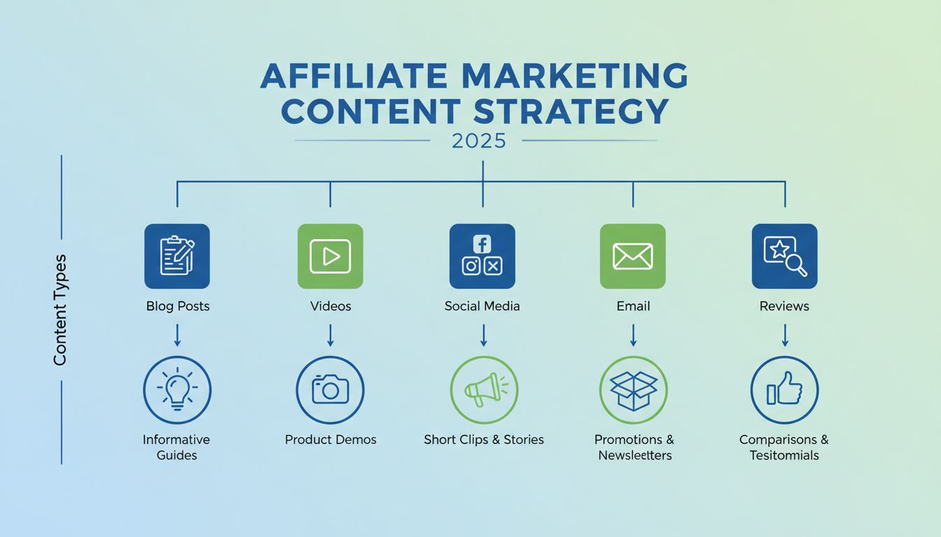 Infographie sur les types de contenu pour le marketing d'affiliation : articles de blog, vidéos, réseaux sociaux, email marketing et avis produits