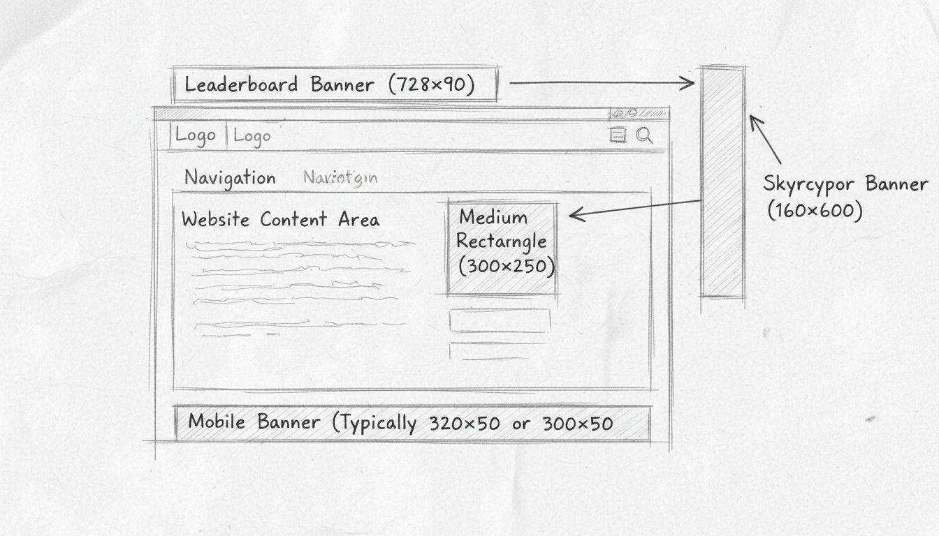 Schéma dessiné à la main montrant différents types de bannières publicitaires et leurs emplacements sur un site web, y compris leaderboard, skyscraper, rectangle moyen et bannières mobiles