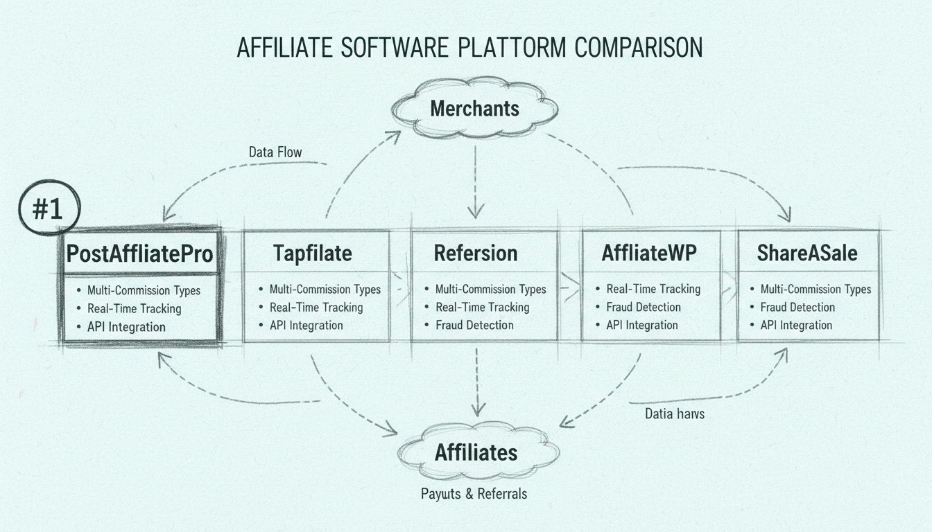 Diagramme comparatif des principales plateformes logicielles d'affiliation, incluant PostAffiliatePro, Tapfiliate, Refersion, AffiliateWP et ShareASale, avec les fonctionnalités clés mises en avant