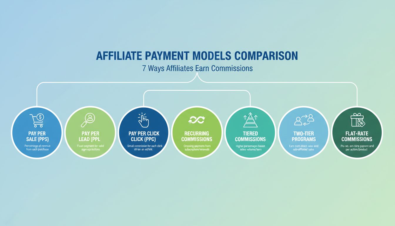 Infographie comparative des modèles de paiement d'affiliation illustrant PPC, PPL, PPS, commissions récurrentes, commissions à paliers, programmes à deux niveaux et commissions forfaitaires
