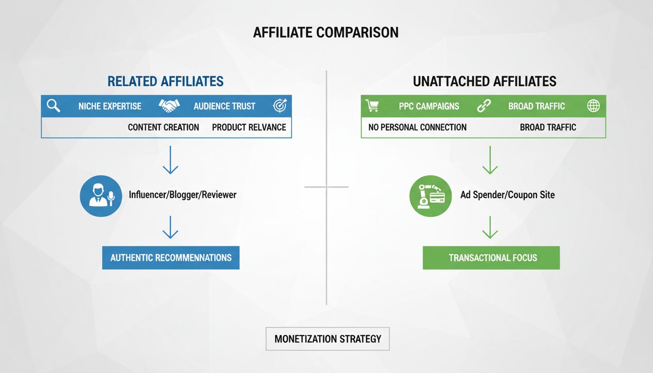 Diagramme comparatif des affiliés apparentés vs non attachés, montrant l'expertise de niche, la confiance de l'audience, la création de contenu, les campagnes PPC et les sources de trafic