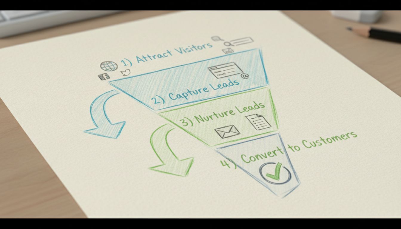 Diagramme d’entonnoir de génération de leads illustrant les quatre étapes : Attirer les visiteurs, Capturer les leads, Nourrir les leads, Convertir en clients avec des flèches vers le bas