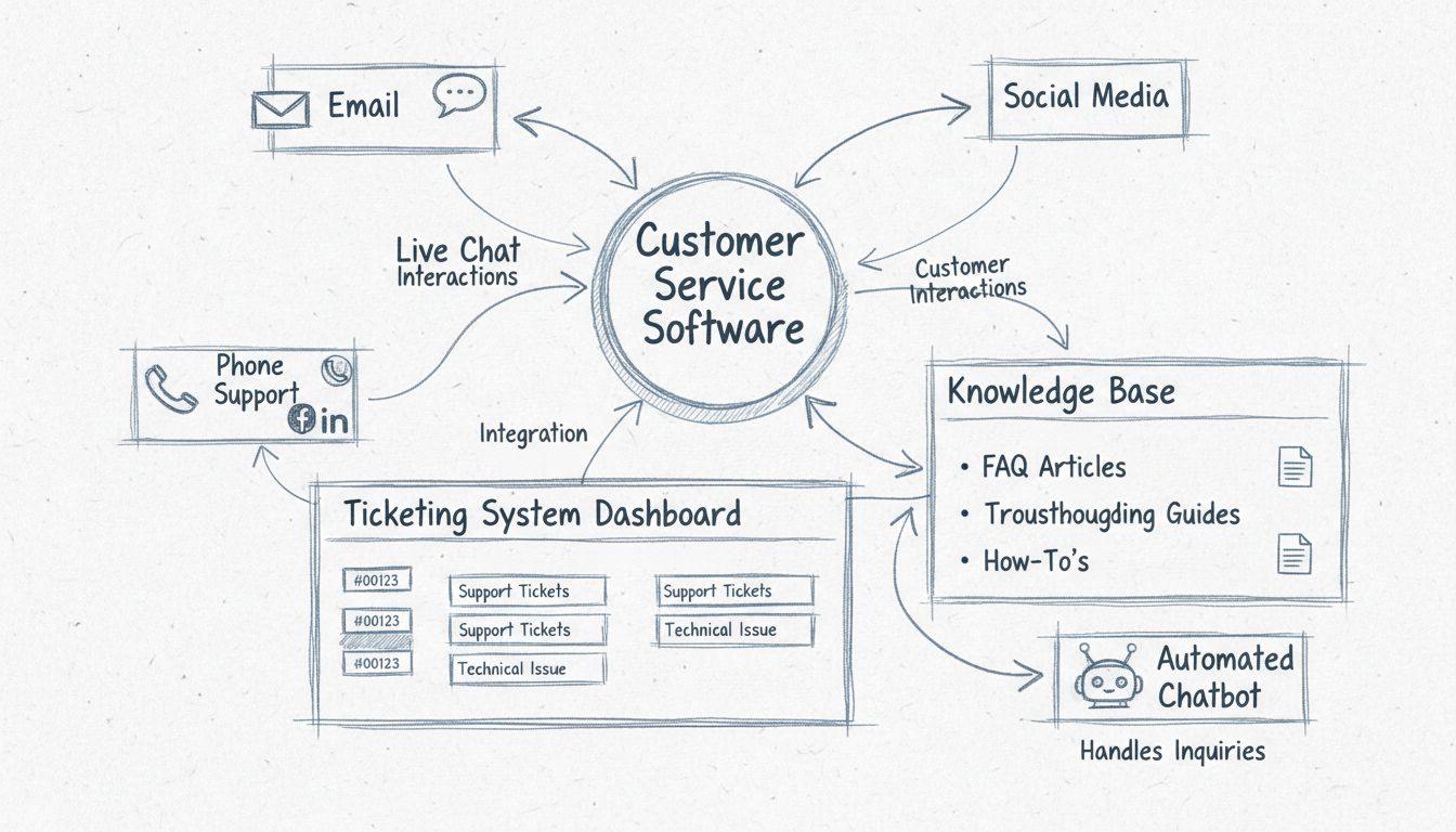 Schéma d’architecture d’un logiciel de service client montrant un hub central avec canaux, système de tickets, base de connaissances et intégration de chatbot