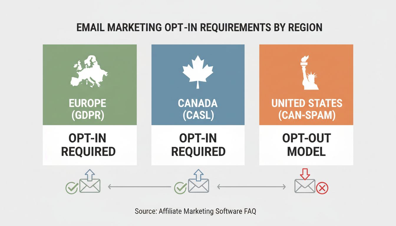 Exigences d’opt-in en email marketing selon la région : Europe RGPD opt-in requis, Canada CASL opt-in requis, États-Unis CAN-SPAM modèle opt-out