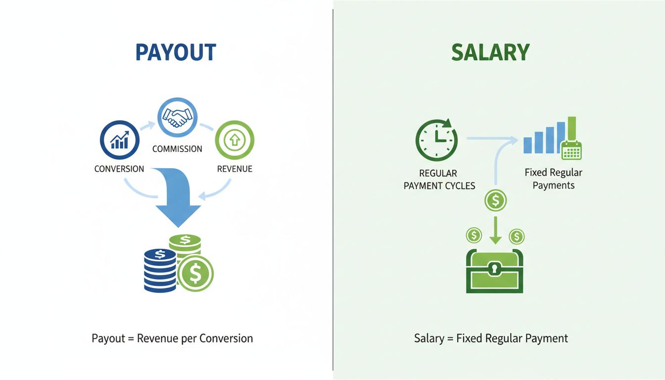 Infographie comparative montrant la différence entre paiement et salaire en marketing d'affiliation