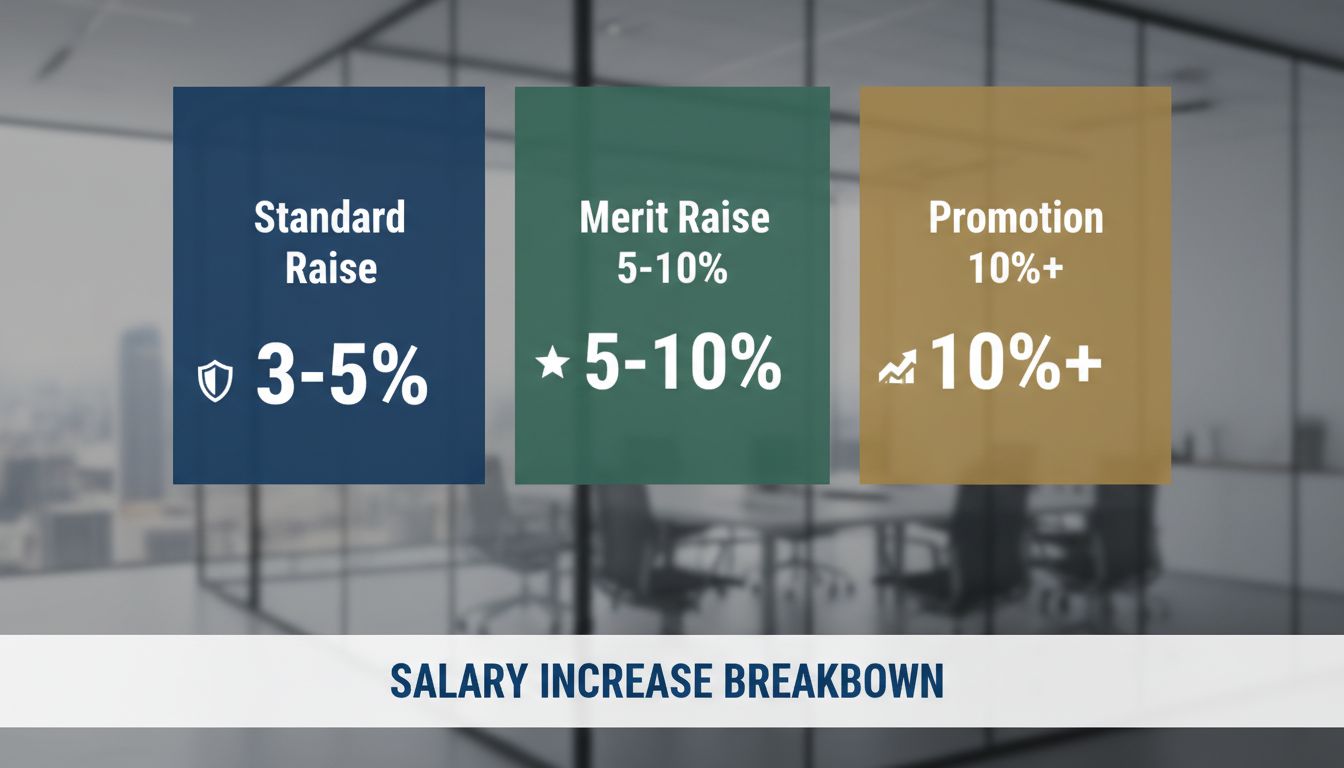 Répartition des pourcentages d’augmentation de salaire : augmentation standard 3-5 %, au mérite 5-10 %, promotion 10 %+