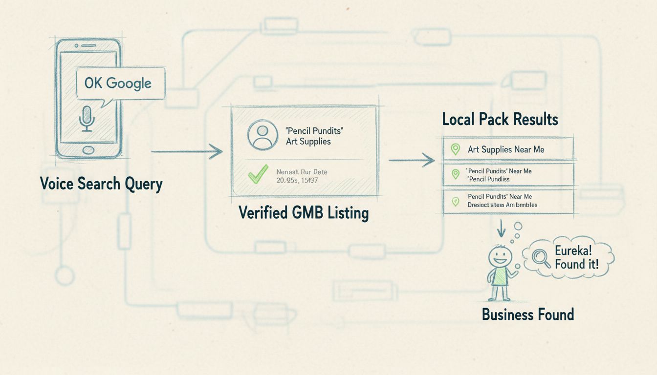 Processus de vérification Google My Business pour la recherche vocale affichant un smartphone avec une requête vocale, une fiche GMB vérifiée avec coche, des résultats local pack, et le parcours de découverte d’entreprise