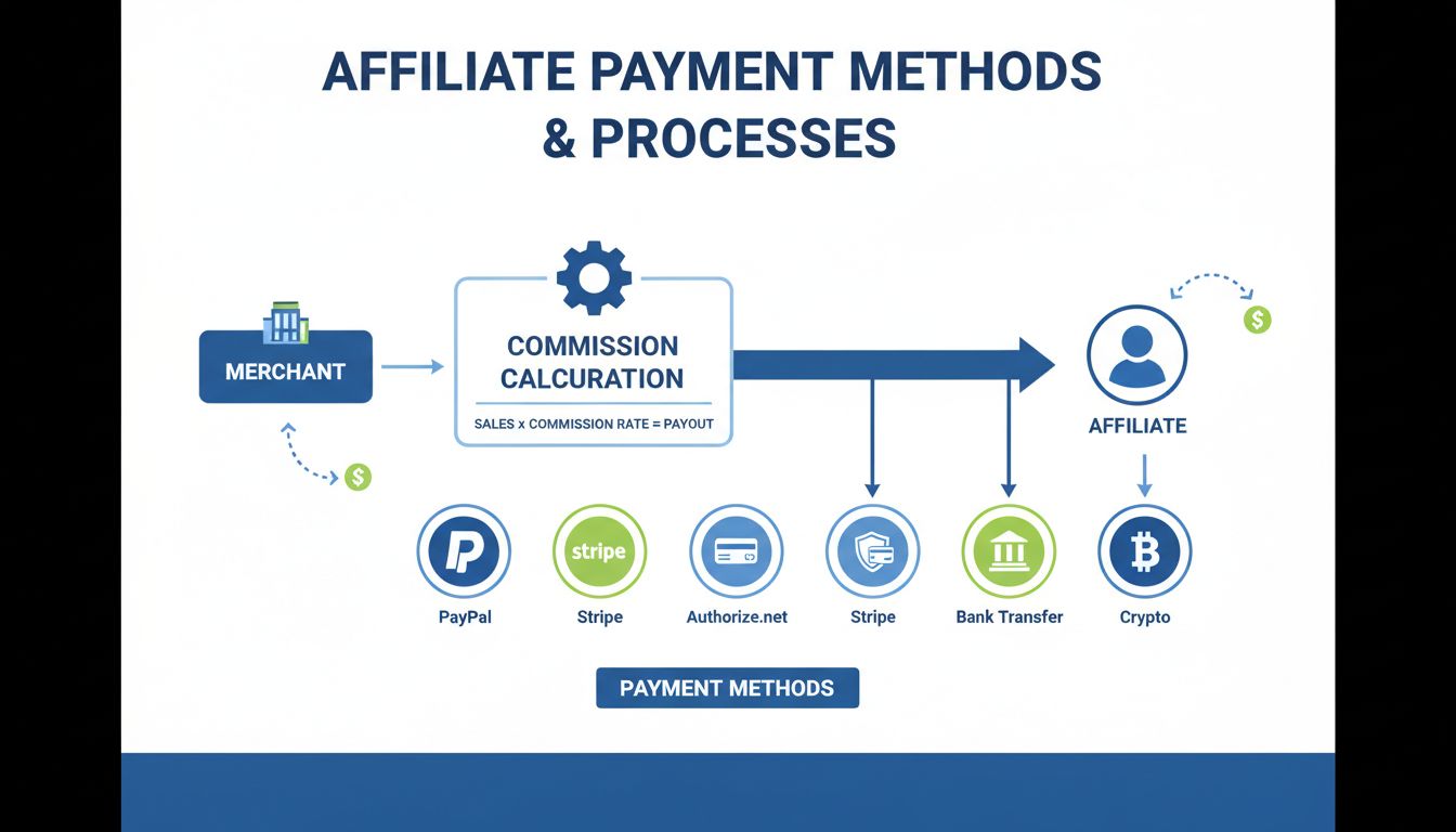 Infographie des méthodes de paiement affilié montrant PayPal, Stripe, Authorize.net, virement bancaire et options cryptomonnaie avec schéma de flux de commission