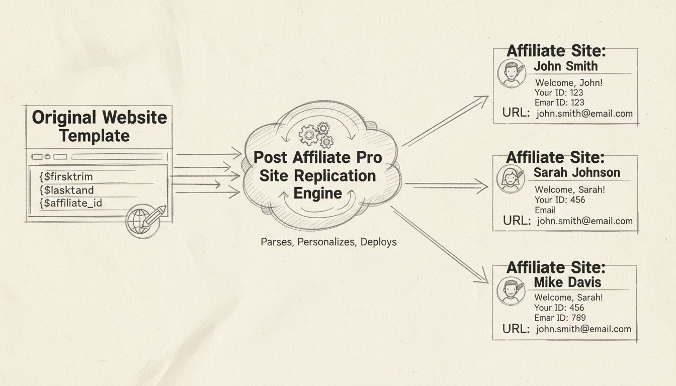Schéma du flux de travail de la réplication de site montrant la personnalisation des variables de modèle pour plusieurs affiliés
