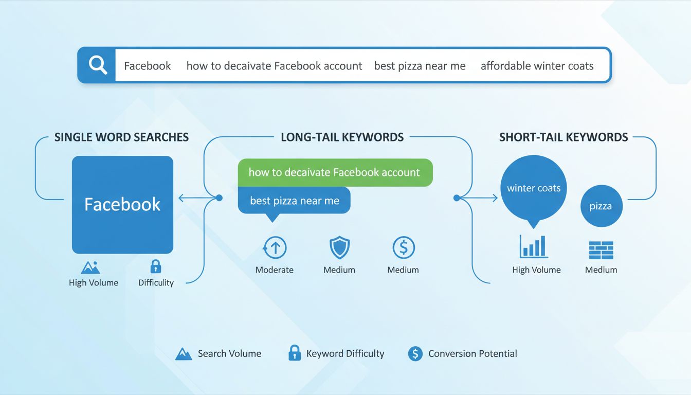 Infographie sur les termes de recherche et mots-clés montrant différents types de requêtes de recherche et leurs caractéristiques