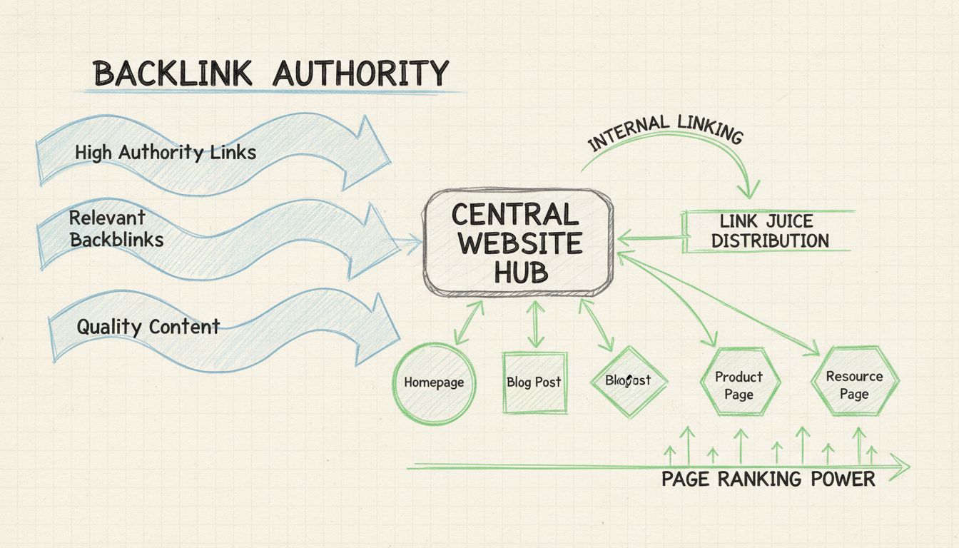 Schéma de la distribution du link juice montrant comment l’autorité circule via la structure de liens internes vers différentes pages
